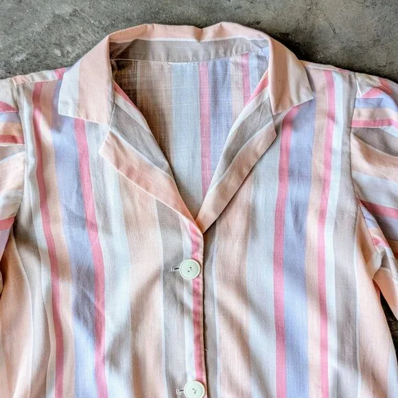 Vintage Pastel Orange Pink Purple Striped Puff Shoulder Midi Shirt Dress - Picture 3 of 9